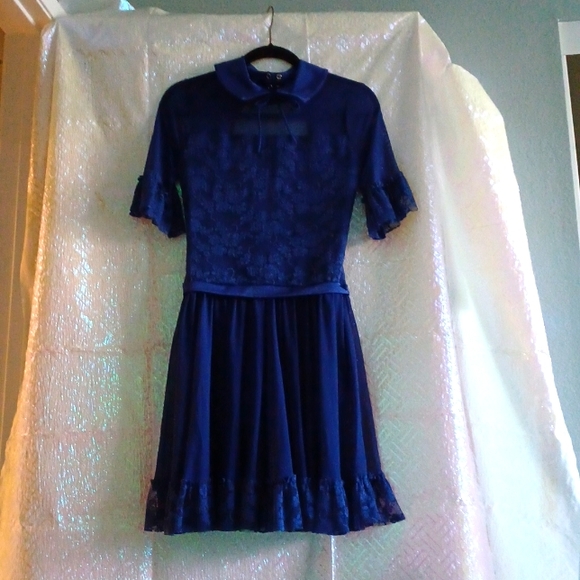 None Dresses & Skirts - LACED ROYAL BLUE FRILLY AND FLIRTY SOPHISTICATED HALF SLEEVED DRESS